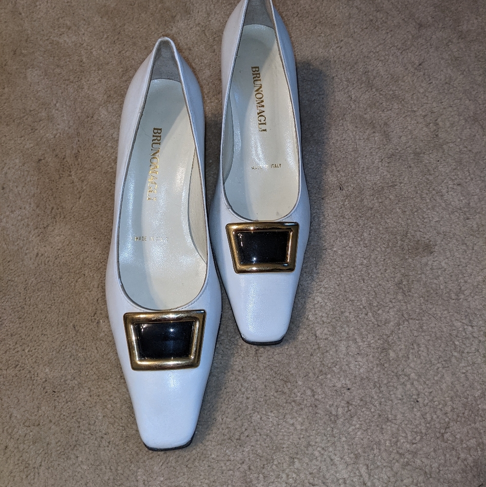 Bruno Magli White Short Heels with Gold Buckle